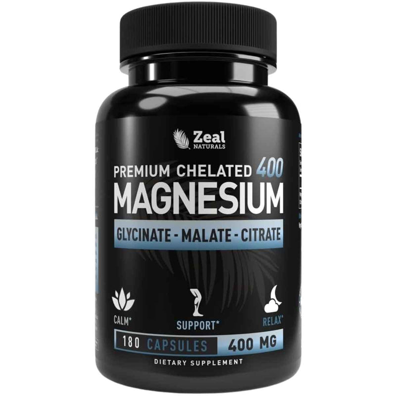 Frasco de suplemento Zeal Naturals Magnesio Quelado Complejo 180 Cápsulas