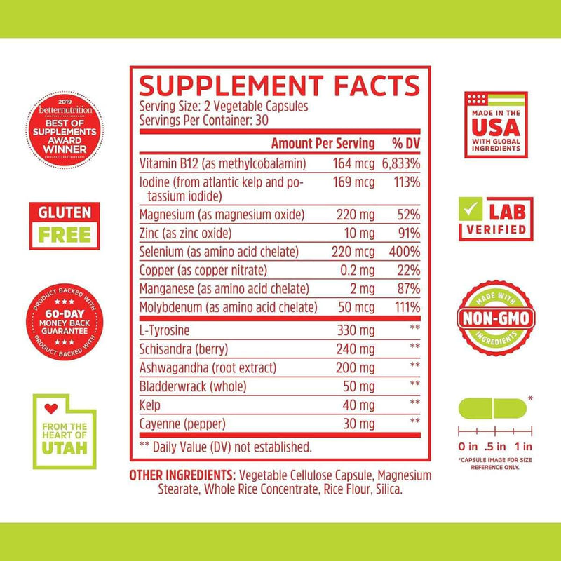 Tabla nutricional del suplemento Zhou Nutrition Soporte para la Tiroides con Yodo 60 Cápsulas Vegetales