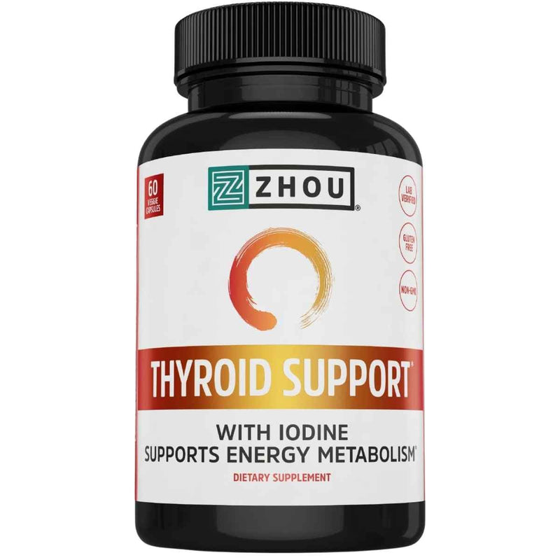 Frasco de suplemento Zhou Nutrition Soporte para la Tiroides con Yodo 60 Cápsulas Vegetales